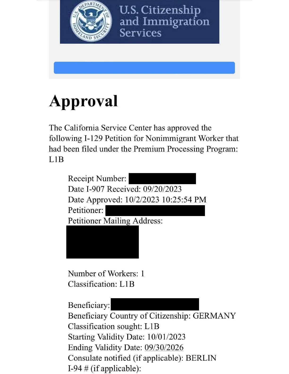 L-1B Petition approved for a specialized knowledge employee from Germany